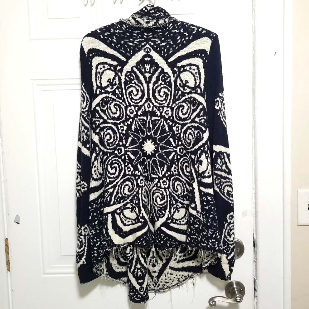 Free People Collared Knit Black/Cream Raw Hem Long Cardi Boho. Size: Med…